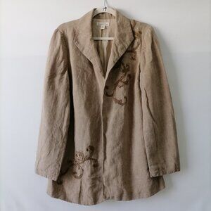 Coldwater Creek Womens Beige Open Front Embroidered Linen Basic Jacket Size 12